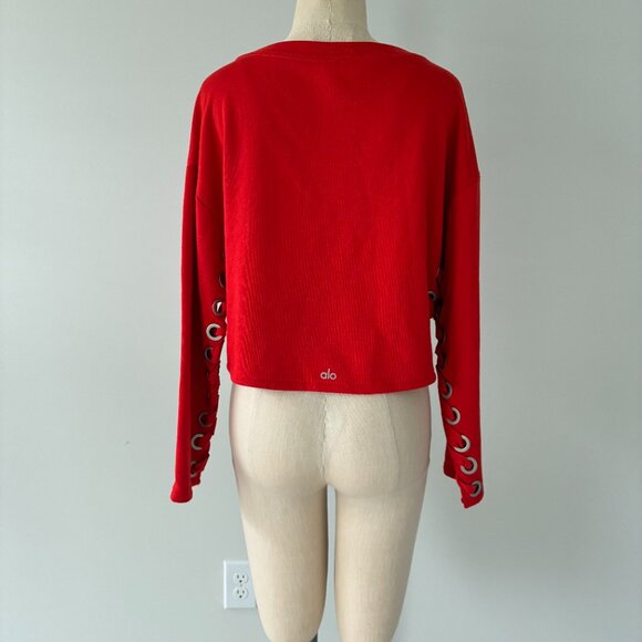 ALO Yoga Suspension Red Pullover Lace Up Sweater - Picture 4 of 9